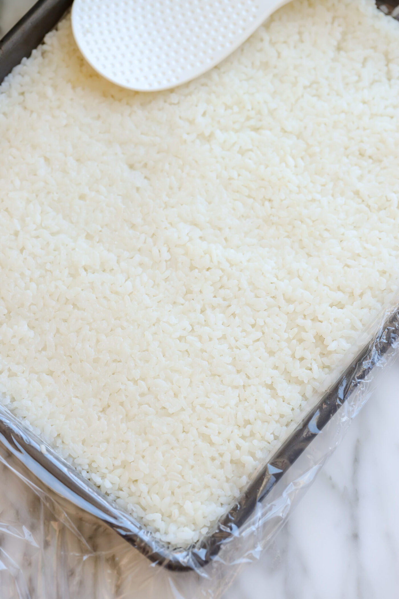 Pressed sushi rice packed tightly into an even layer before chilling.