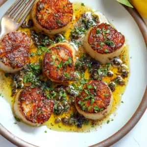 Overhead view of scallops meunière on a white plate with lemon caper butter sauce, fresh herbs, and a whole lemon