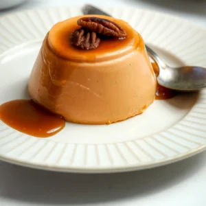 Unmolded carrot cake panna cotta on a white plate with bourbon butterscotch dripping down the sides and a pecan half on top