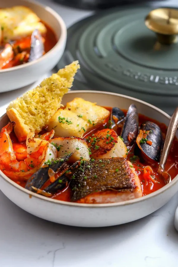 Seared salmon, scallops, shrimp, and mussels arranged over tomato broth in a white bowl of cioppino with garlic oregano bread on the side.