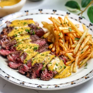 A white plate featuring sliced medium-rare ribeye steak topped with yellow bearnaise sauce and a side of golden crispy french fries.