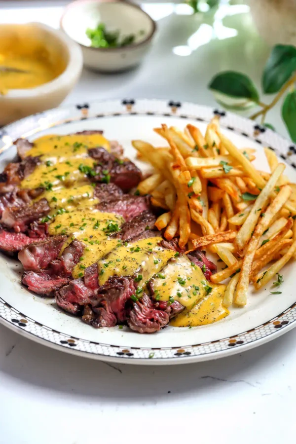 A white plate featuring sliced medium-rare ribeye steak topped with yellow bearnaise sauce and a side of golden crispy french fries.