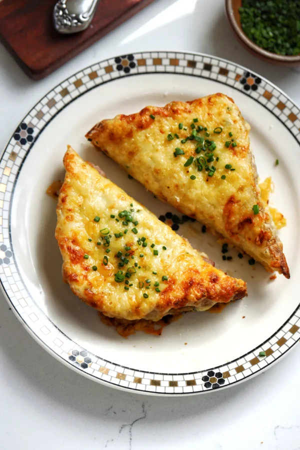 Two halves of a baked croque monsieur recipe on a patterned plate showing the melted gruyere cheese crust and toasted brioche.