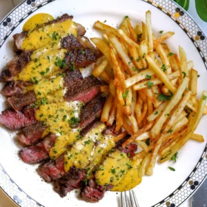 Top-down view of a round white plate with a black and gold geometric border holding sliced steak with sauce and a mound of french fries.