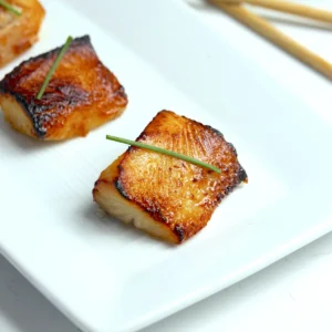 Three pieces of miso black cod, Nobu-style, arranged on a white platter with chopsticks, each garnished with a chive over the caramelized glaze.