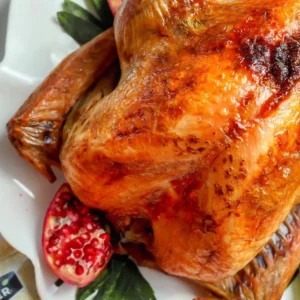 Close up of a roasted turkey breast and wing with deeply browned skin, with a halved pomegranate and sage leaves on the platter
