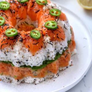 A full spicy salmon sushi bundt cake topped with glossy raw salmon slices, vibrant jalape&ntilde;os, and shichimi togarashi over sticky Calrose rice.