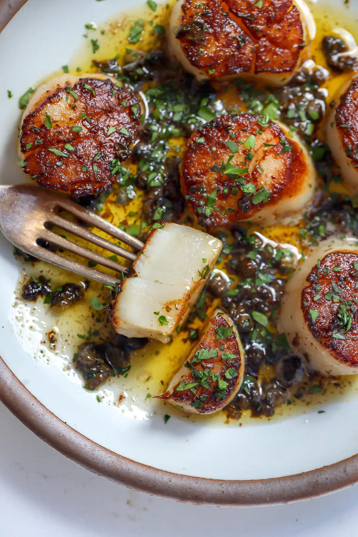 Fork cutting into a pan-seared scallop meunière revealing the soft white interior, surrounded by lemon caper butter sauce and capers