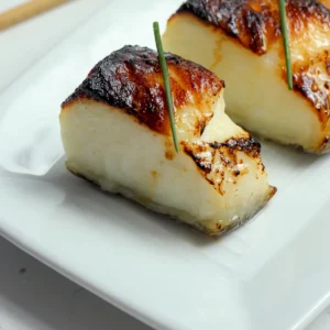 Miso glazed Chilean sea bass fillets with deeply caramelized, charred tops and moist white flesh, each topped with a single chive, on a white plate