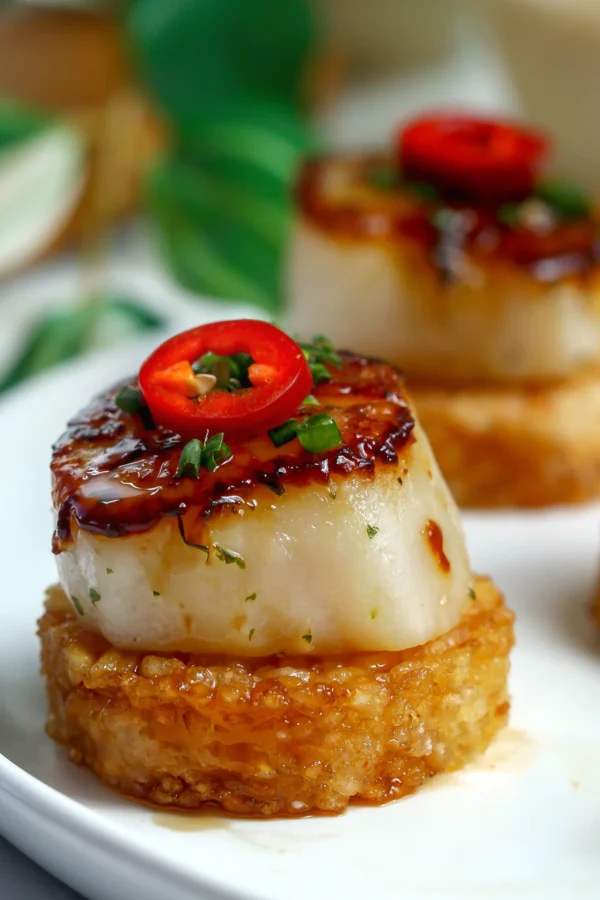Golden-brown crispy rice rounds topped with a perfectly seared U-10 scallop, drizzled with a glossy sriracha agave glaze, and garnished with thin slices of Fresno chile and fresh chives on a light white ceramic plate.