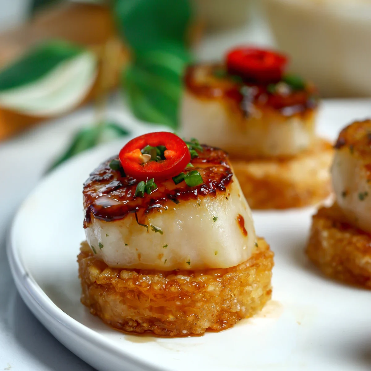 Golden-brown crispy rice rounds topped with a perfectly seared U-10 scallop, drizzled with a glossy sriracha agave glaze, and garnished with thin slices of Fresno chile and fresh chives on a light white ceramic plate.
