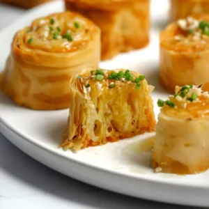 Bite-sized crispy baked phyllo with gruyere cheese between the layers cut in half to show the layers. Topped with honey, chives, and toasted almonds.