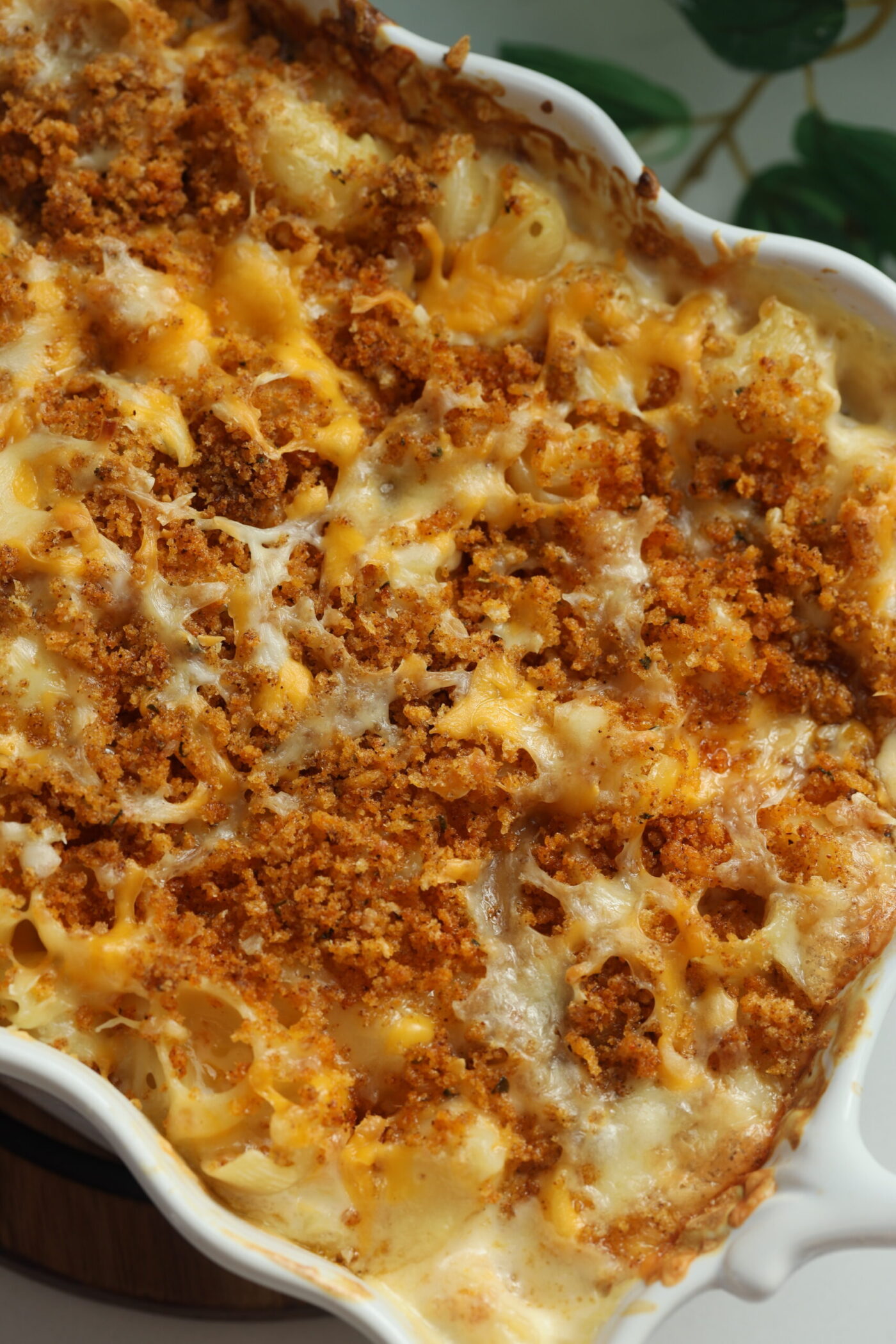 A creamy gouda Mac and Cheese topped with a panko crumble freshly out of the oven.