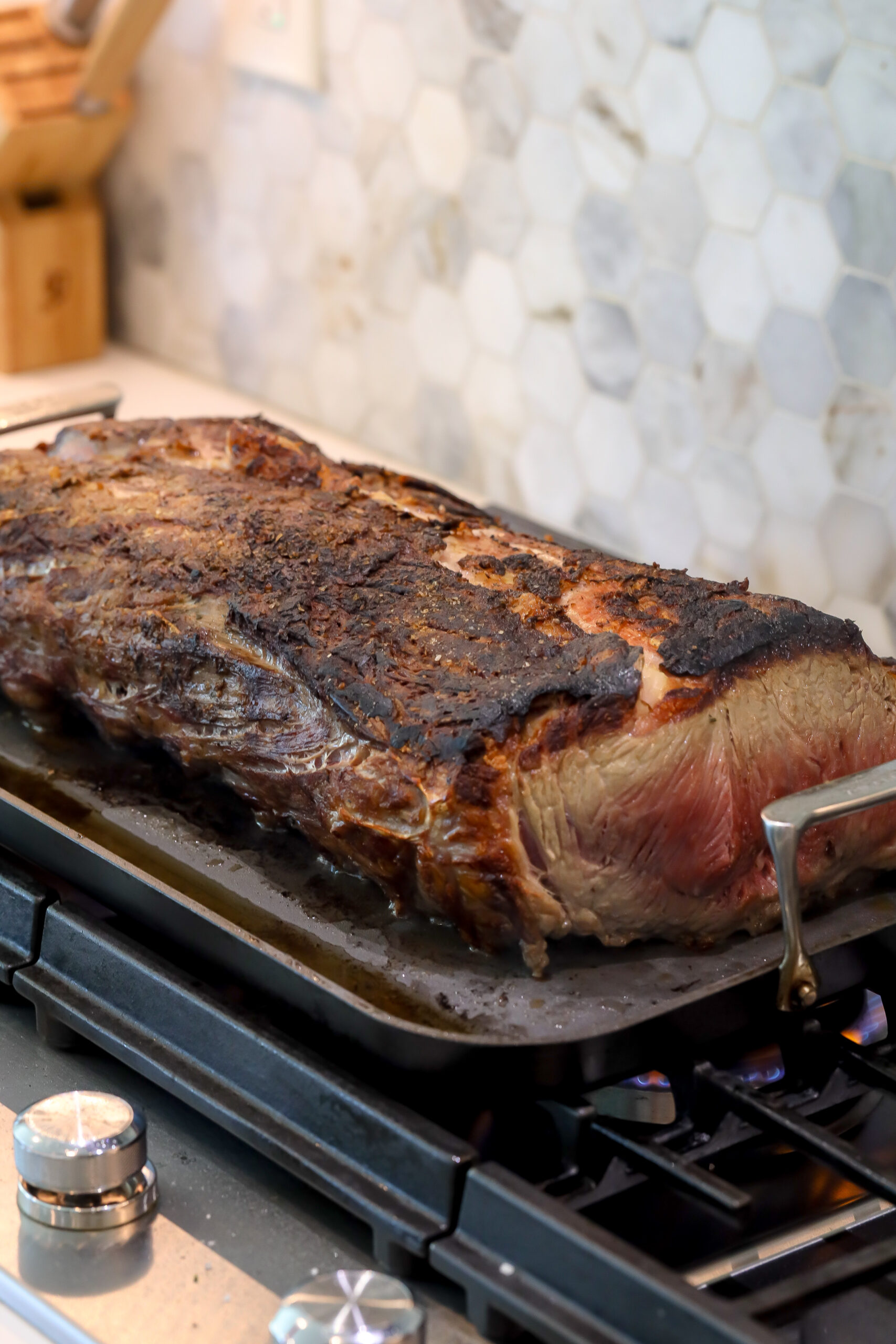 Searing boneless prime rib to build a crust before roasting