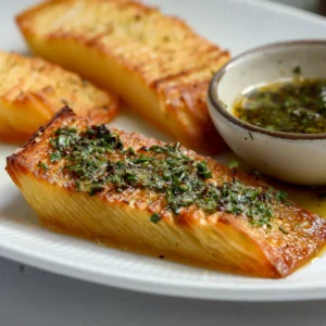 Three golden domino potatoes on a white plate, the front one topped with herb oil, beside a small bowl of herb oil