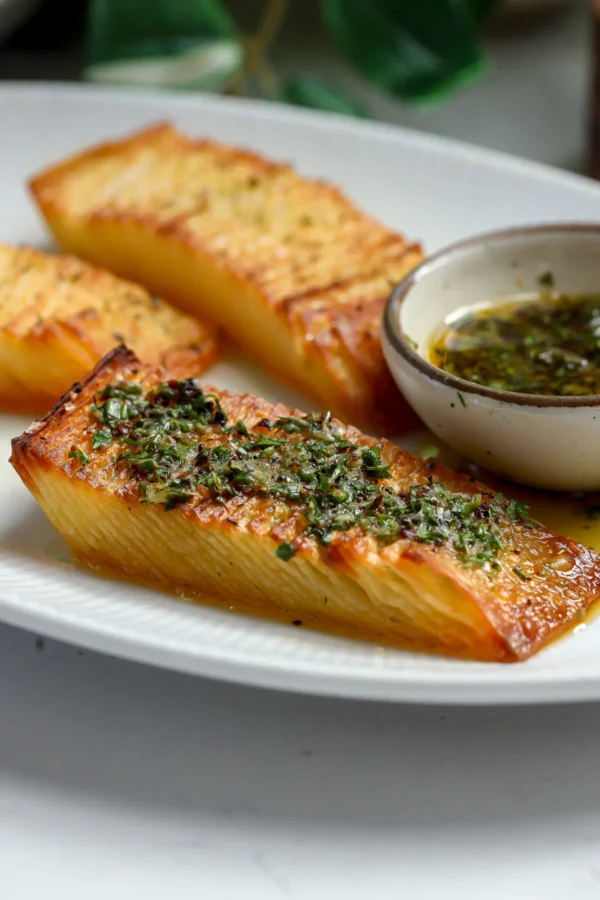 Three golden domino potatoes on a white plate, the front one topped with herb oil, beside a small bowl of herb oil