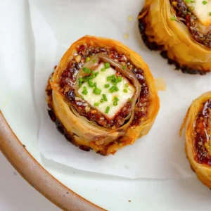 Single baked phyllo feta bite topped with chopped chives, coiled phyllo layers around a square of feta