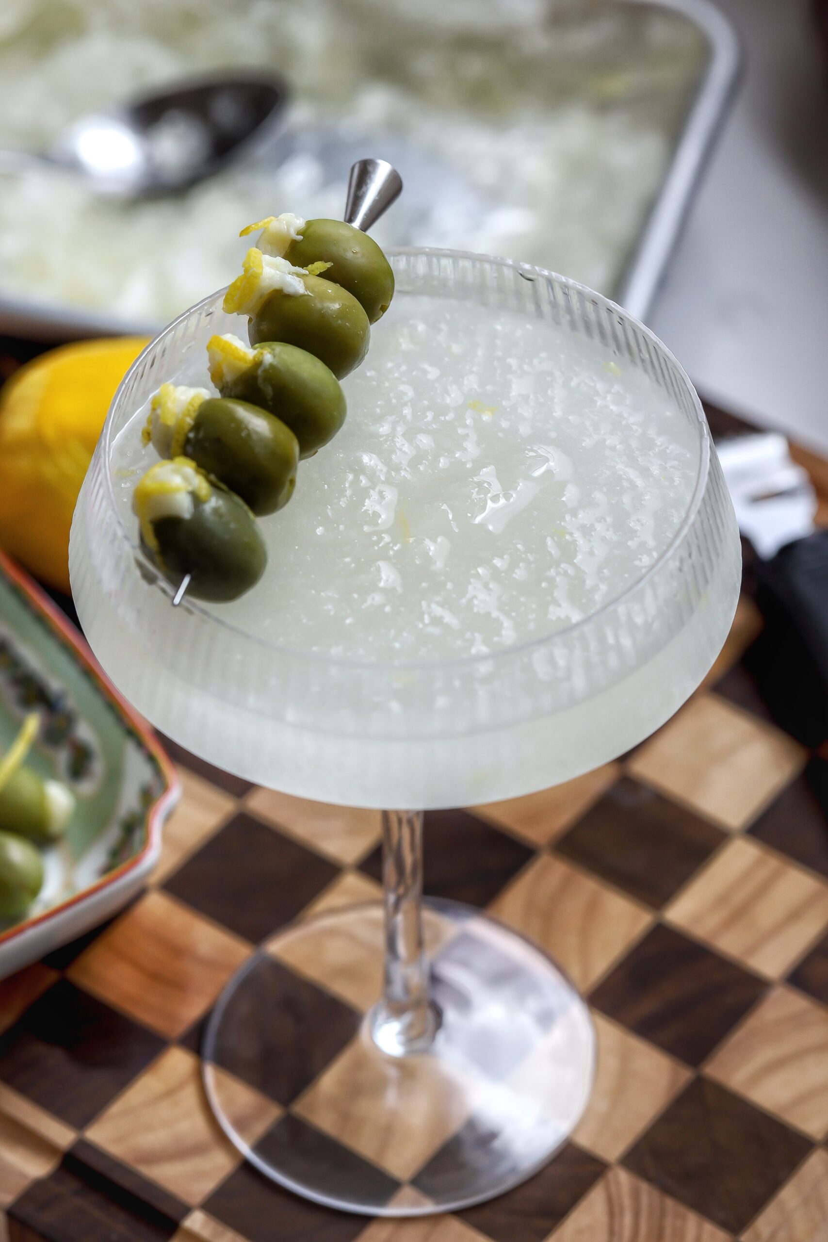 Frozen Extra Dirty Filthy Martini Recipe with hand stuffed blue cheese olives.