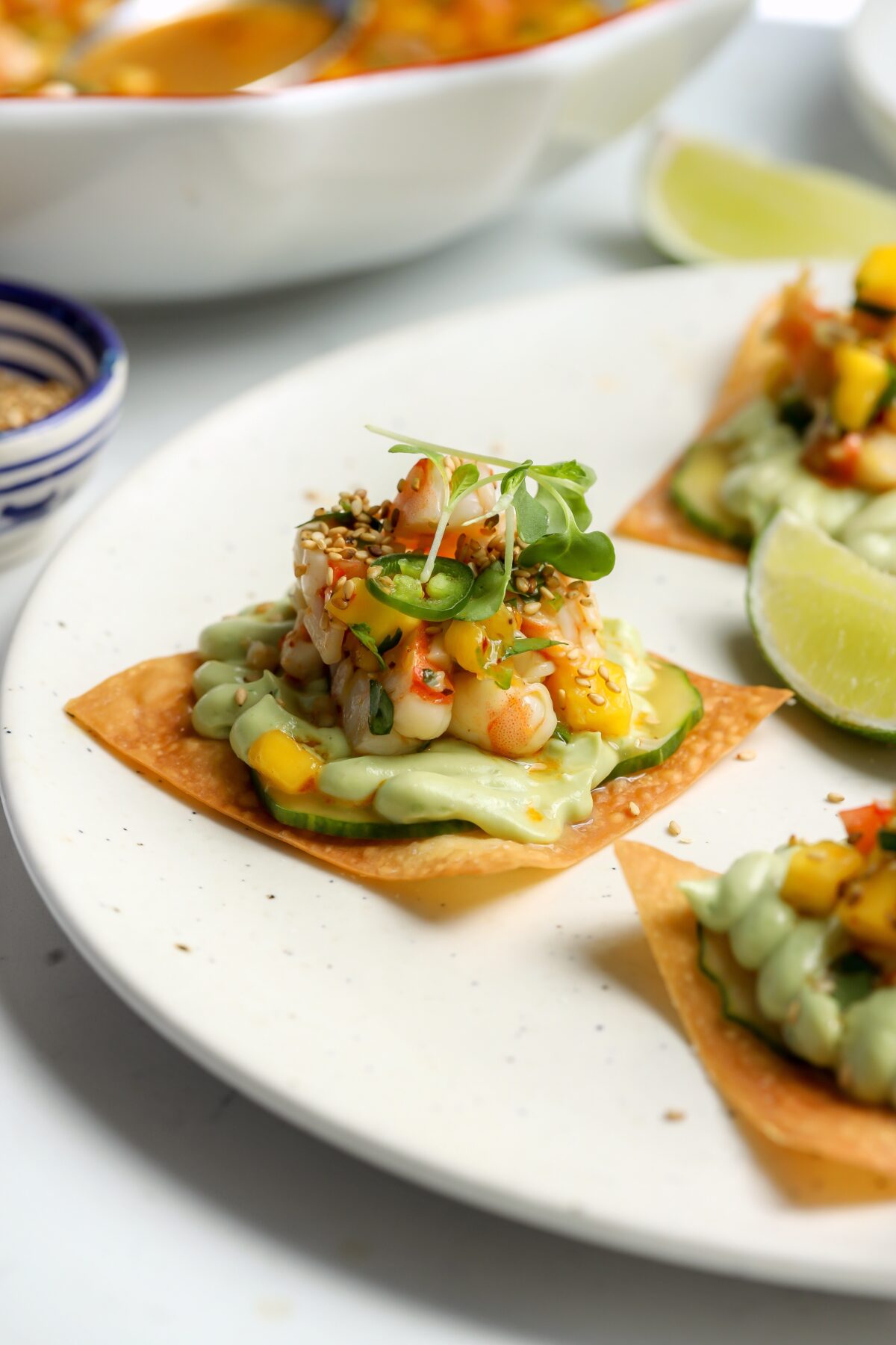 Shrimp ceviche on top of avacado lime sauce with a crunchy wonton tostada.
