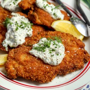 Super crispy chicken recipe with a creamy dollop of dill sauce and chives on top plated next to a lemon and silverware.