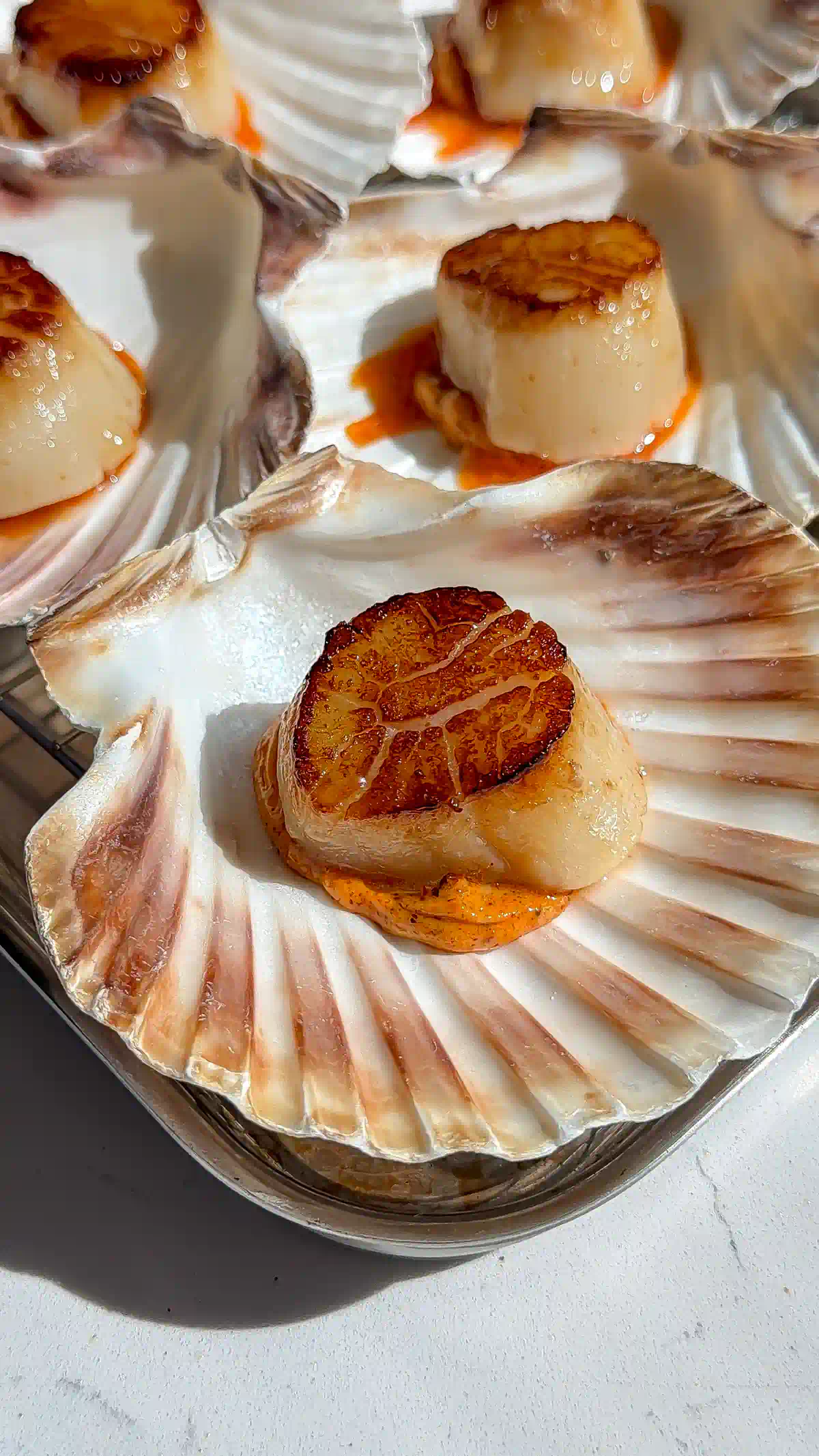 Pan-seared U-10 scallop with a deep golden crust resting in an oven-safe shell