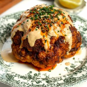 Whole head of roasted cauliflower covered in a creamy miso tahini sauce, topped with chives sitting on a plates