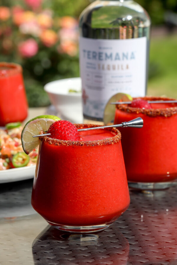 Frozen Spicy Strawberry Margarita with jalapeños, an easy recipe.