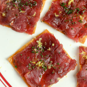 Crispy homemade wonton tostadas with bluefin tuna on top.