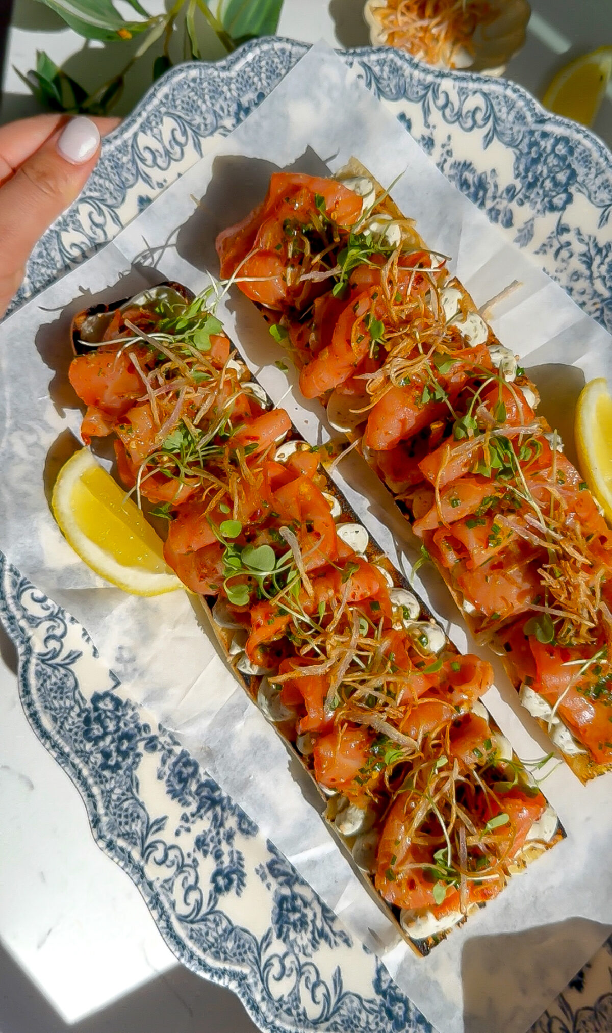 smoked salmon that has been marinated on top of a delicious whipped cheese mixture and then place on a baguette to make a Tartine sitting on a plate.