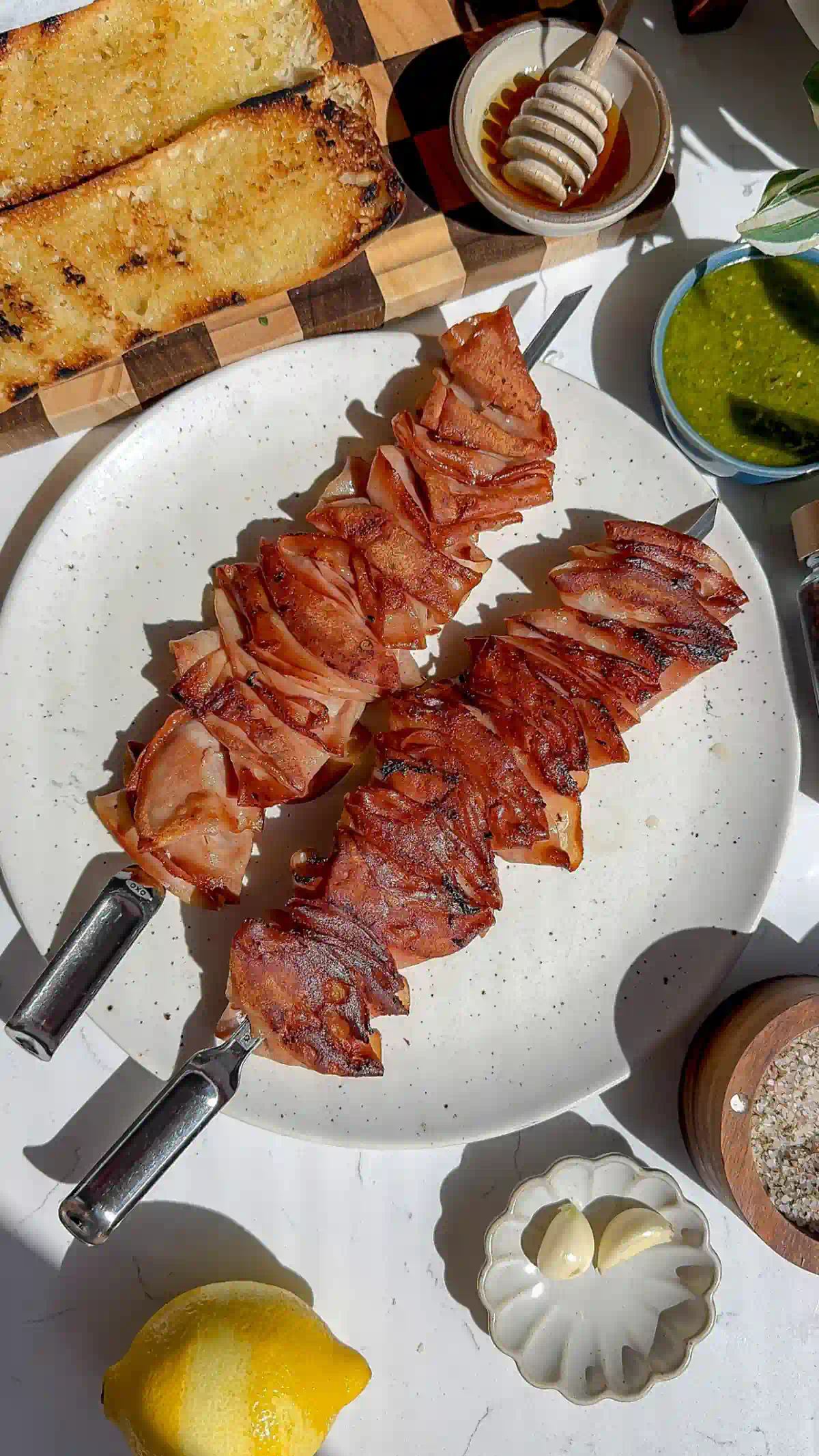 Mortadella on skewers, crispy and straight of the grill.