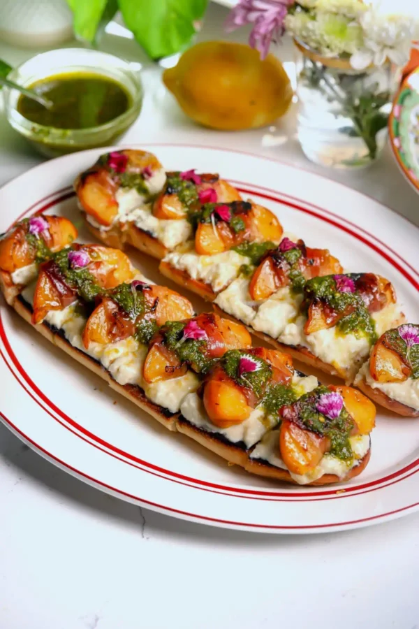 Grilled peach and stracciatella tartine appetizer sliced into pieces on toasted baguette