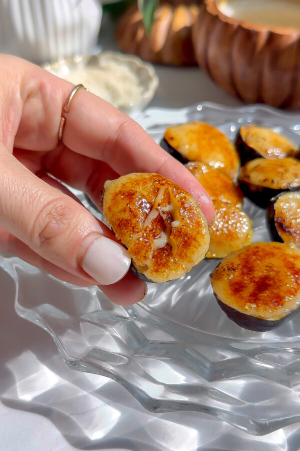 A recipe for an appetizer of figs stuffed with a whipped fig brie with a sugar brûlée top.