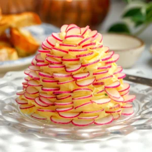 A whipped butter with chives and flaky salt with thin slices of radishes all around sitting on a plate.