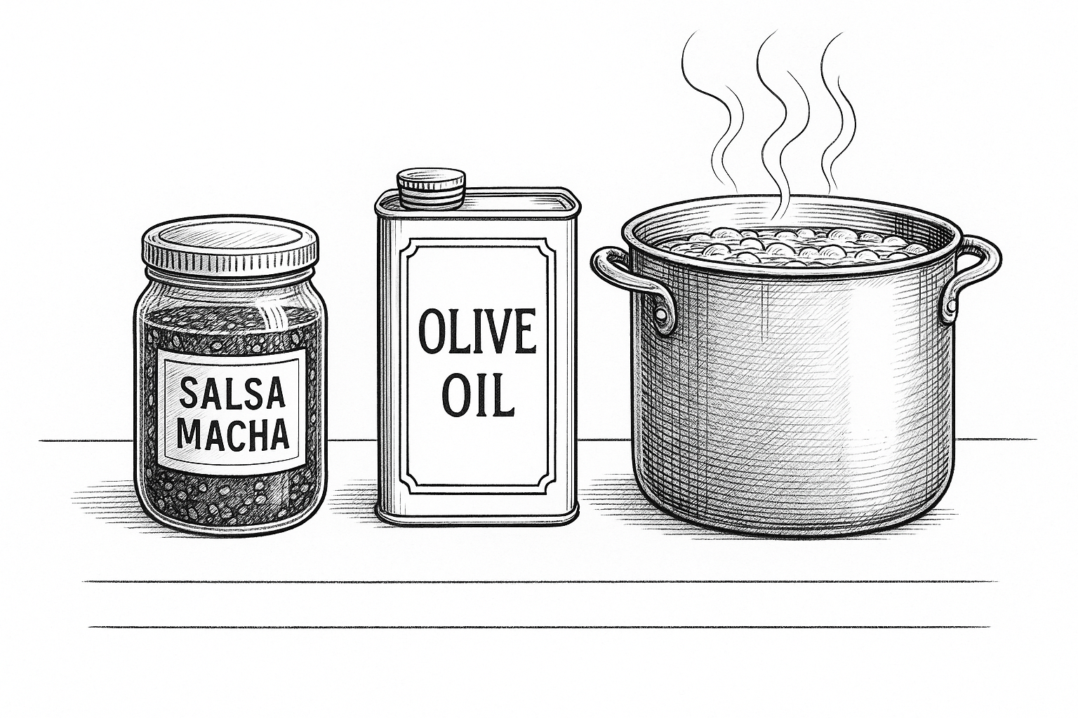 A black and white drawing of the salsa macha, olive oil and hot water.