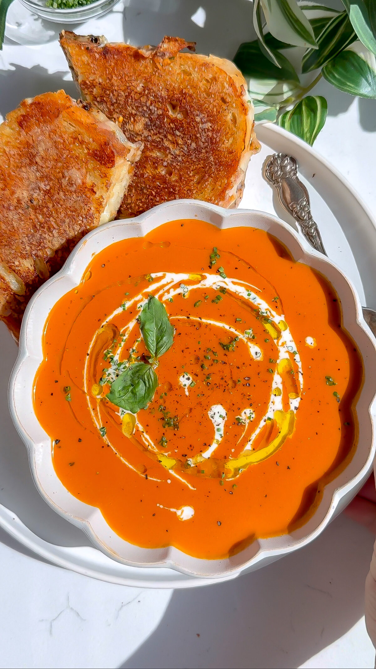 a luxurious fall tomato bisque basil soup recipe with grilled cheese on the side.