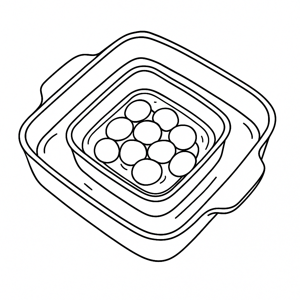 A black and white drawing of the egg yolks in their baking dishes ready to be cooked confit style.
