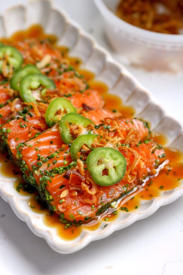 Chive-crusted salmon crudo with yuzu soy and spicy mayo — a fresh, elegant crudo appetizer recipe with crisp chives, jalapeño, and fried shallots.