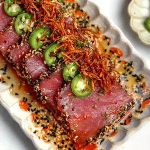Close-up of sesame-crusted tuna crudo drizzled with white soy ponzu and topped with crispy carrot threads.