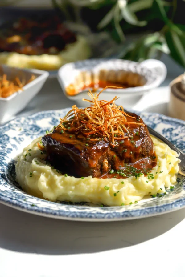 Miso maple short ribs with mashed potatoes and crispy leeks, styled with sauce bowls and herbs in the background.