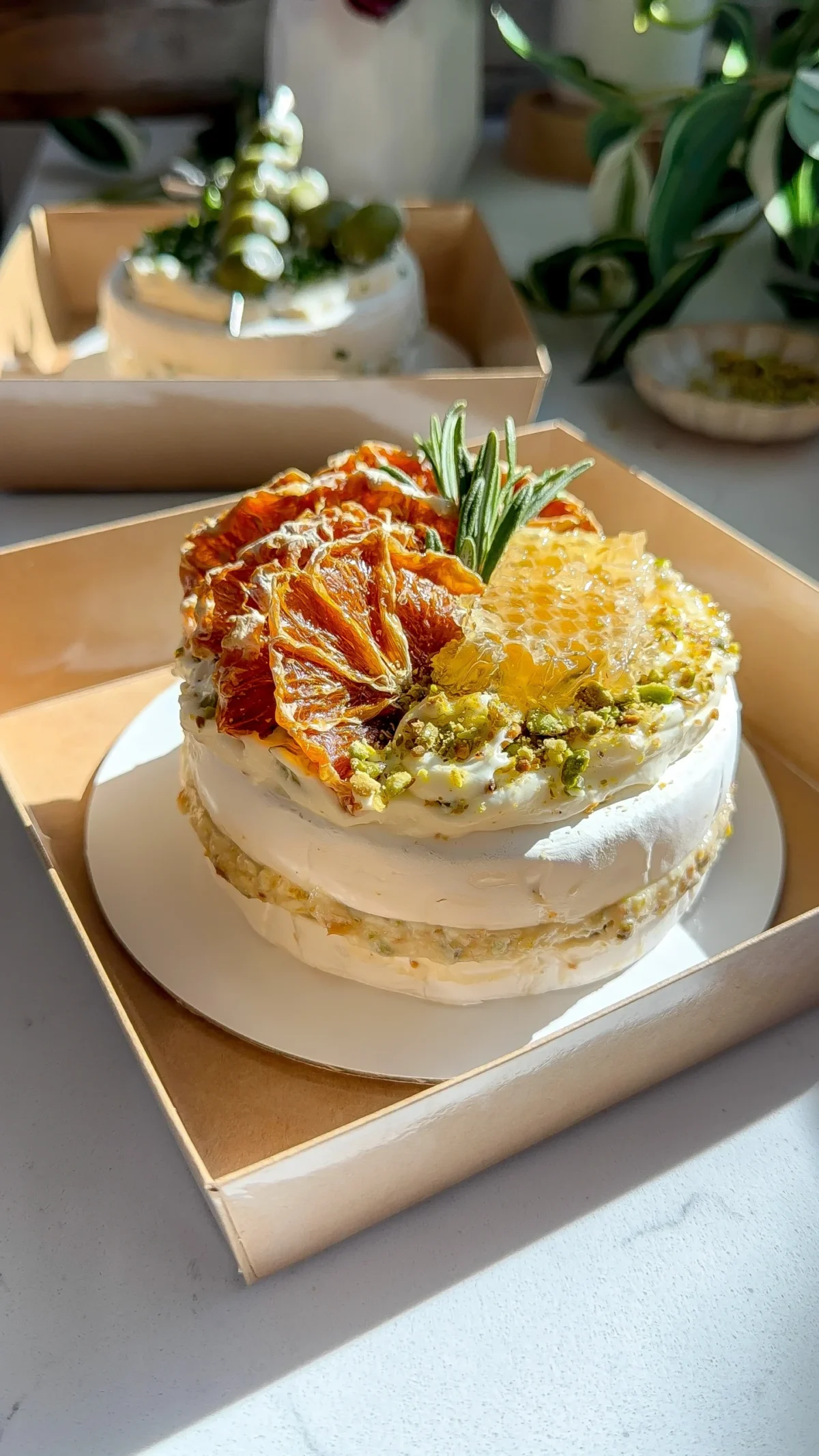 A side view of a sliceable brie and fig appetizer showing the whipped brie filling layered between the cheese.
