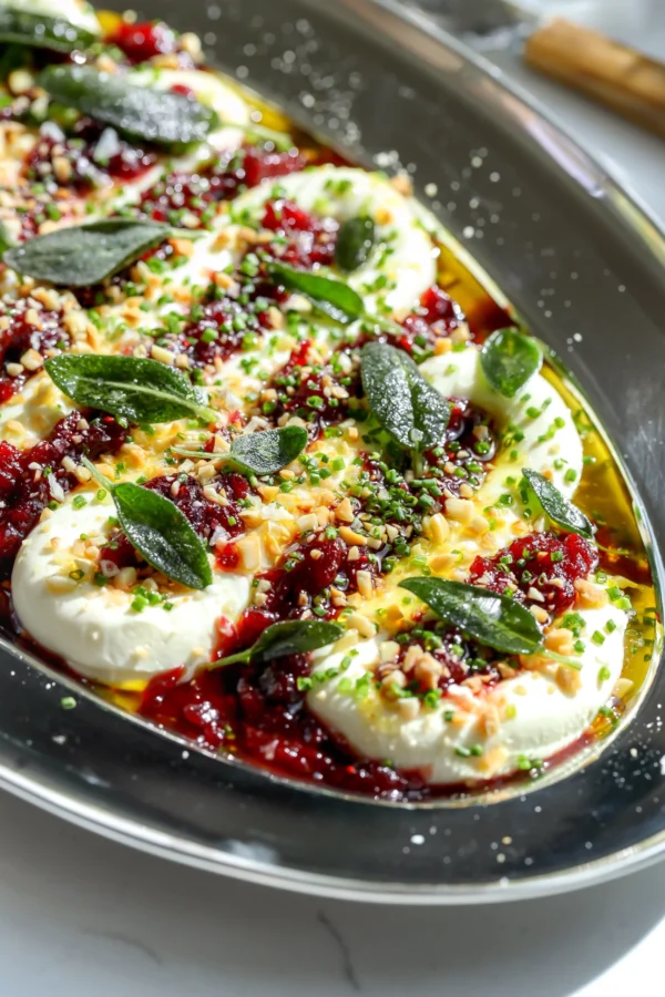 Whipped Cranberry Cream Cheese Dip topped with chipotle cranberry sauce, fried sage, toasted almonds, and chives on a silver serving platter.