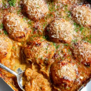 French onion hasselback potatoes baked in rich onion gravy with melted cheese and chives