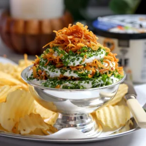 A layered crispy onion and herb dip made with labneh, fresh herbs, and fried onions, served with ridged potato chips