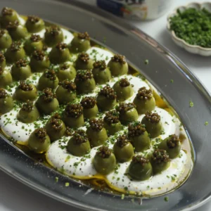 Savory Mediterranean labneh dip appetizer topped with Castelvetrano olives and caviar