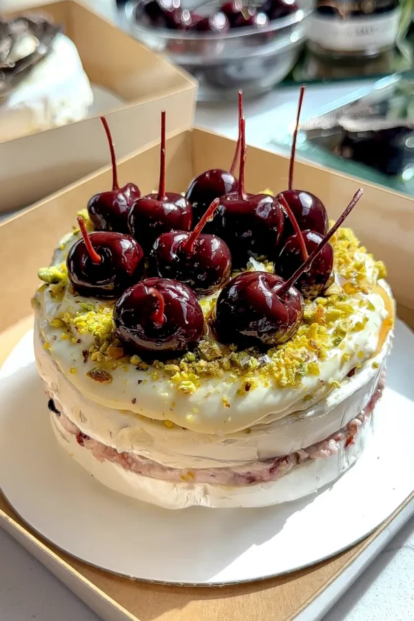 Brie cake layered with whipped cherry brie, topped with whole cherries and pistachios, presented in a gift box.