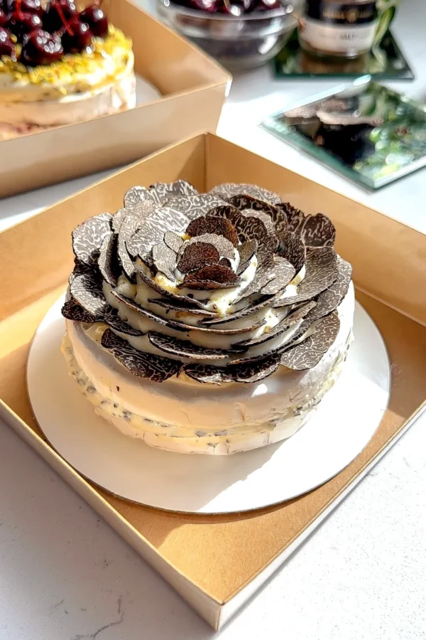 Truffle brie cake with whipped truffle brie showing creamy layers and truffle slices