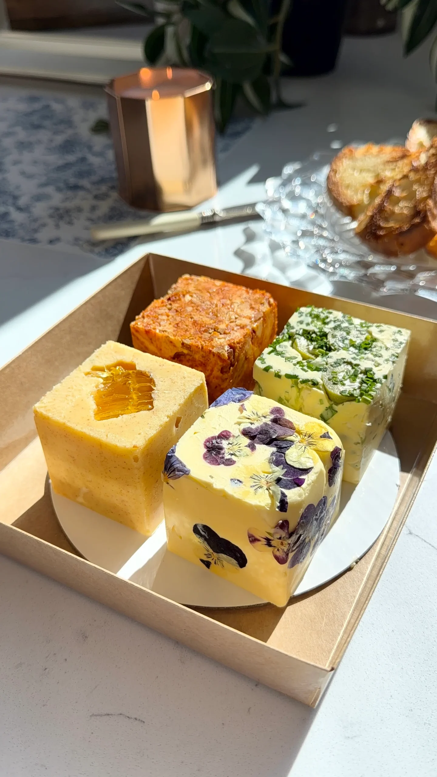 Homemade compound butter flight packaged in a gift box.