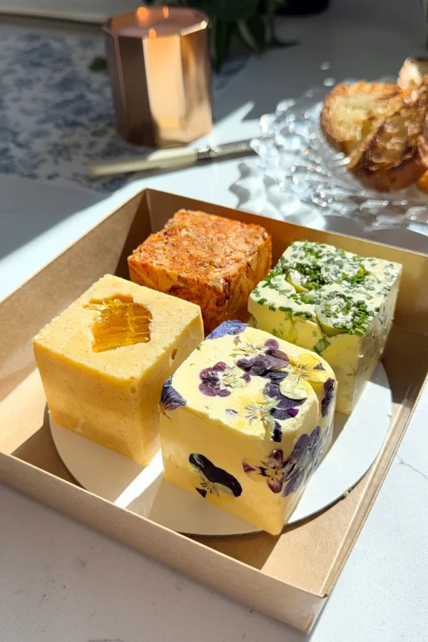 Homemade compound butter flight packaged in a gift box.