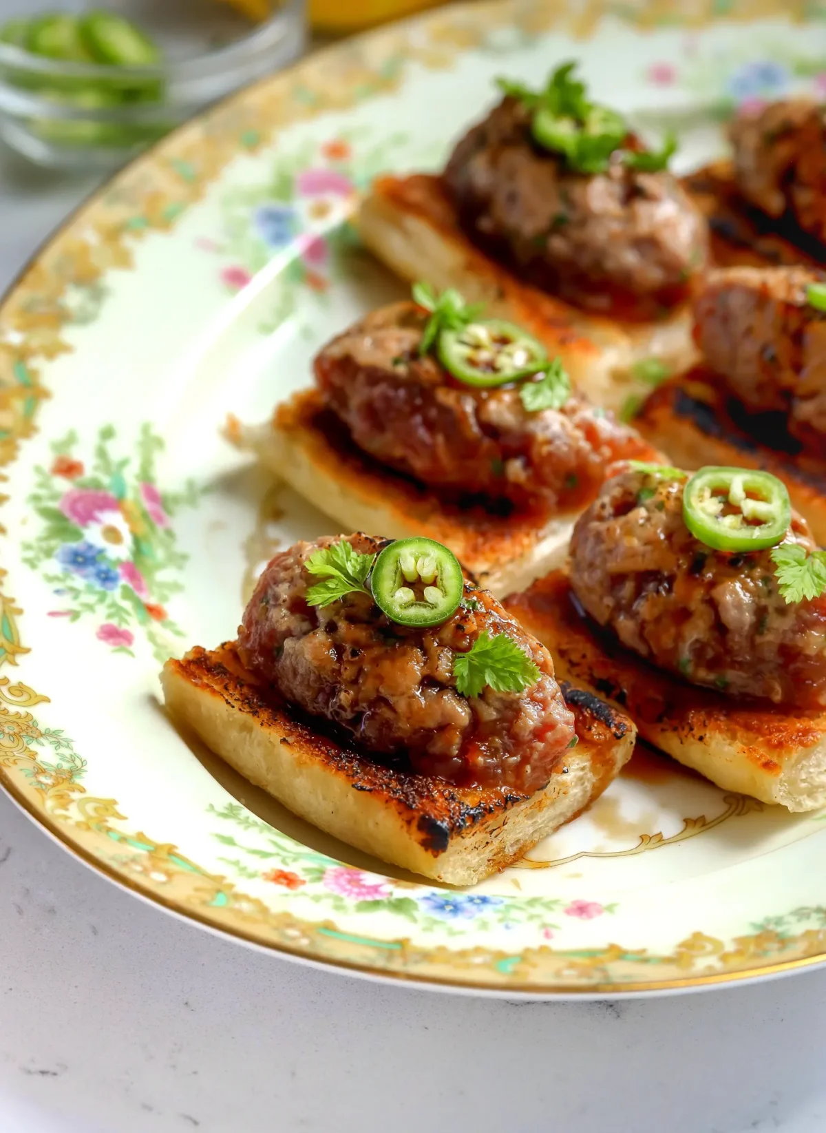 Side view of tuna tartare on toasted baguette, finished with serrano slices