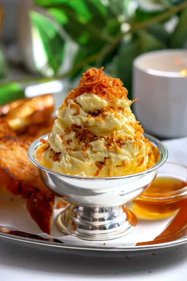 Whipped garlic butter layered with crispy garlic and shallots, drizzled with honey and flaky salt in a silver dish